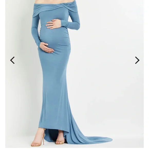 princess polly baby blue dress Momyknows Blue Bandeau Strapless Ruffle Falbala Draped Big Swing Elegant Maternity  Baby Shower Maxi Dress main image 0